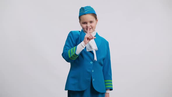 Charming Little Stewardess Showing Hush Gesture Putting Finger on Lips Smiling Posing at White