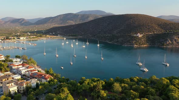 Aerial View of Ermioni Old Town and Marina or Seaport Greece  Drone Videography