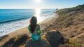 Attractive young woman sitting on a cliff by the beach looking at the ocean - PhotoDune Item for Sale