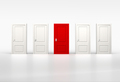 Concept of individuality and opportunity. Red door in row of white shut doors - PhotoDune Item for Sale