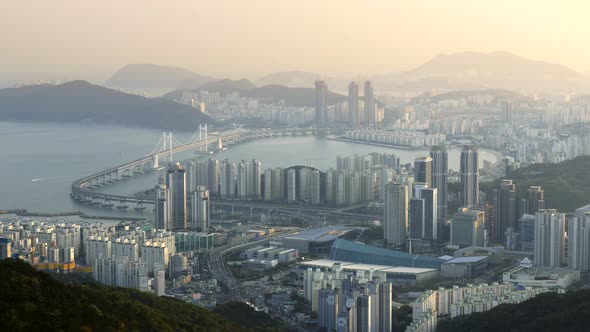 Busan, South Korea. Panning View of City Center in Morning Lights. 