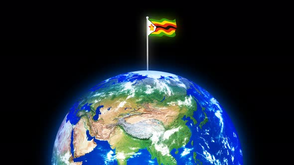 Zimbabwe Flag Flying On Glowing 3d Planet Earth