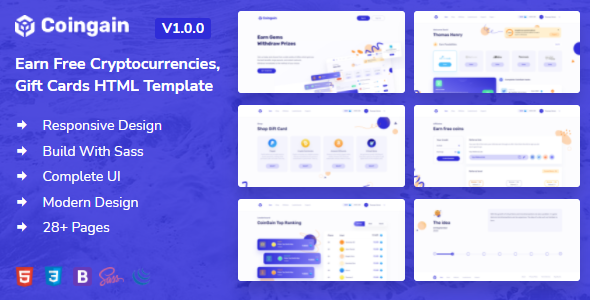 CoinGain – Earn Free Coins, Cryptocurrencies & Gift Cards HTML Template