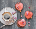 heart shaped mousse cakes with dry roses and a cup of coffee. romantic breakfast. - PhotoDune Item for Sale