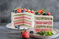 vegetarian non dairy cake. multi layered matcha and strawberry dessert with berries and mint - PhotoDune Item for Sale