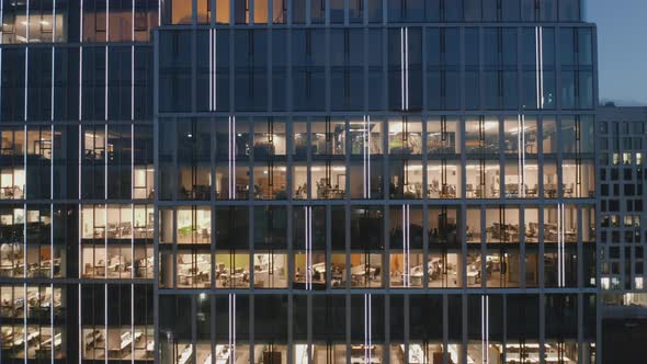 Cinematic Drone Shot at the Night Windows of Offices