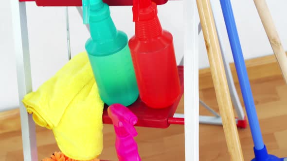 Various housekeeping supplies in a bucket