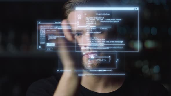 Man Reading Text Hologram Looking for Futuristic Touchscreen Information Closeup