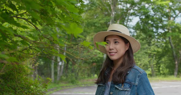 Woman look at the green maple tree