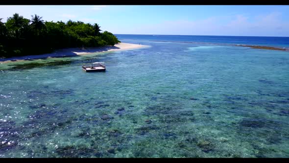 Aerial above texture of luxury bay beach journey by blue sea and white sandy background of adventure