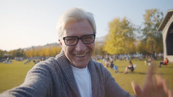 Active Senior Man Smiling and Showing Thumbs Up in Video Call Standing in Park