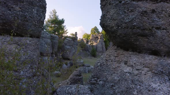 Valley with Gray Rocky Columns and Green Trees