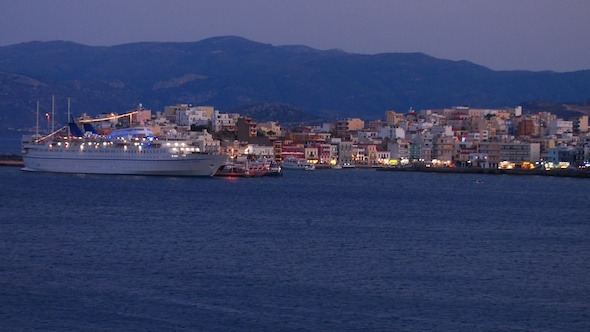 Landscape of Small Touristic City with Cruise Ship