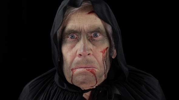 Old Executioner Halloween Makeup and Costume, Elderly Man with Blood on His Face