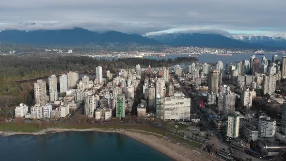 Various drone shots at English Bay near downtown Vancouver, BC during Polar Bear 2019 event