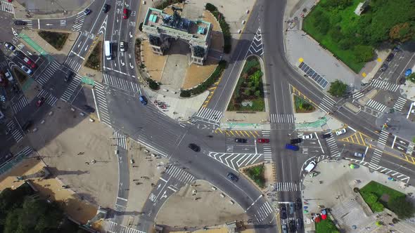 Circling top down aerial view of Grand Army Plaza traffic circle in Brooklyn NYC