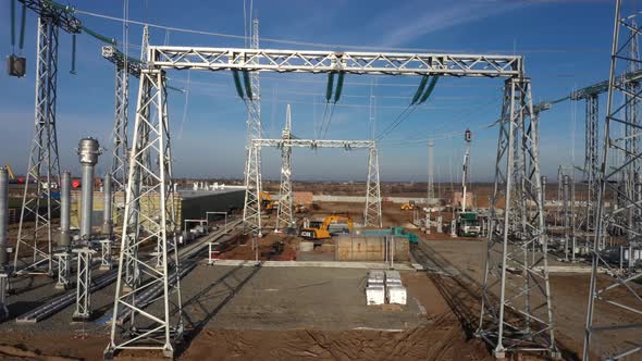 The Drone Is Flying Over the Construction Site of the Wind Power Plant, 