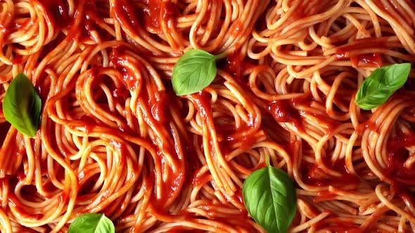 Top View of Vegan Cooked Spaghetti with Tomato Sauce. Pasta Background