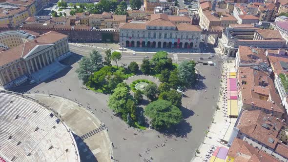 Aerial panoramic view of Arena di Verona, Italy. The drone flies over Bra Square