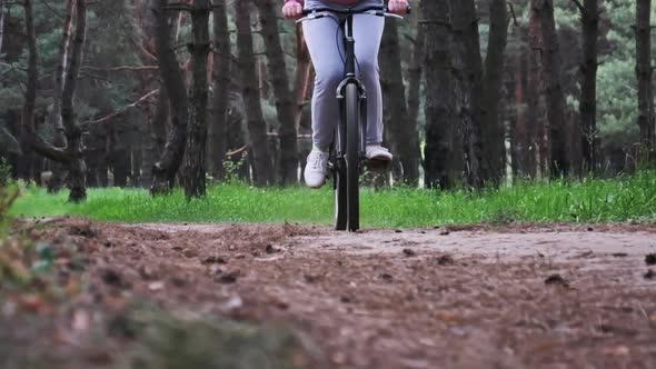 Young Woman on a Bicycle Rides Along a Forest Path in Summer Day Slow Motion