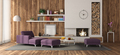 Wodden room with white fireplace and purple furniture - PhotoDune Item for Sale