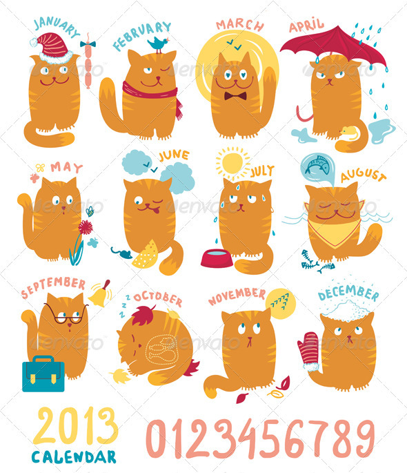 Calendar With Cute Bright Cats