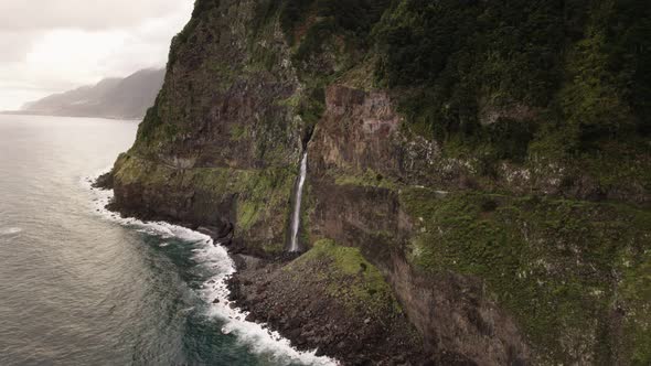 High Waterfall at Coast Cliff of Madeira Island