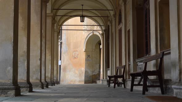 Long Porticos Chapel with windows at the Sacred Mountain of Varallo, a christian devotional complex,