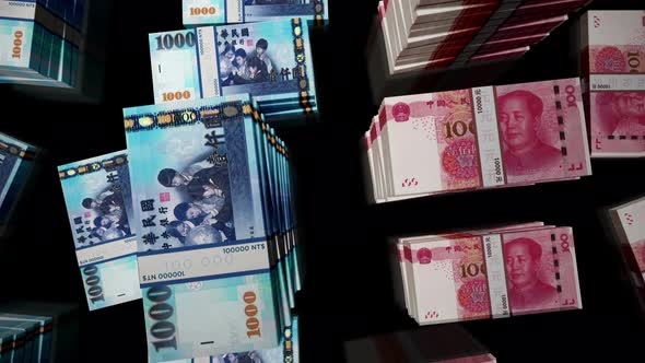 Flight over Taiwan Dollar and Chines Yuan money banknote packs loop