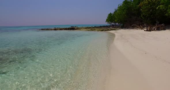 Natural flying abstract view of a white paradise beach and blue water background in colourful 4K