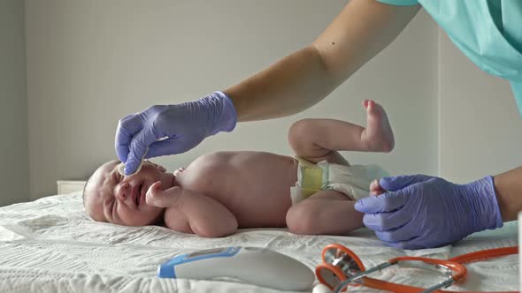 Nurse Wipes Adorable Newborn Face with Cleansing Wipes. Concept Hygiene, Clean.