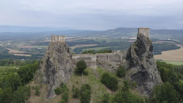 Trosky castle ruins built on rocky outcrops,countryside view,Czechia.