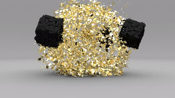 Explosion Golden Cube in 3d Style on Grey Background Gold Dust Super Slow Motion 1000Fps alt