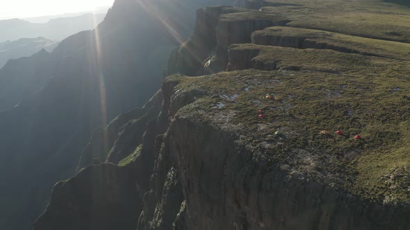 Aerial View of people camp at the Torceira Pico waterfalls on the mountain.