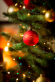 Closeup of red Christmas ball on fir tree next to fireplace - PhotoDune Item for Sale