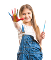 isolated shot of cute smiling girl showing painted colorful hand - PhotoDune Item for Sale