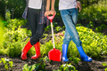 Closeup of two girls in gumboots standing at garden at sunny day - PhotoDune Item for Sale