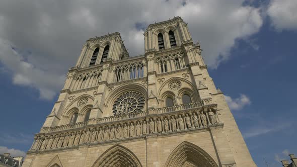 Low angle of the NotreDame Cathedral in Paris