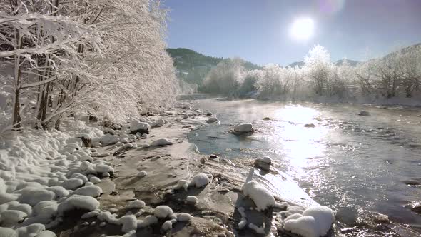 Winter Mountain River on Sunny Morning