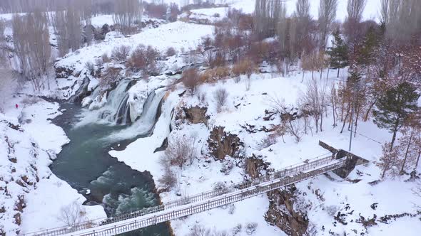 Aerial winter waterfall