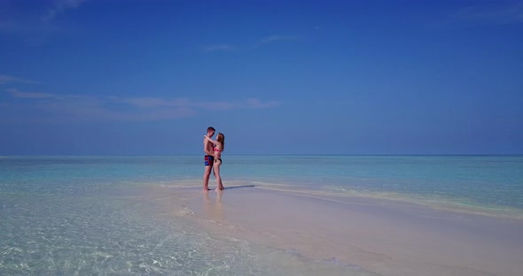 Happy man and woman after marriage in love enjoy luxury on beach on paradise white sand background 4