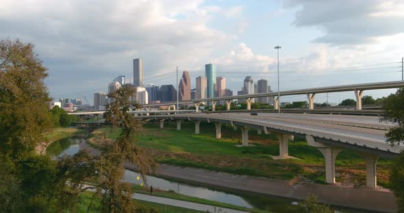 High angle establishing drone shot of downtown Houston. This video was filmed in 4k for best image q