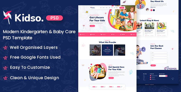 Kidso – Modern Kindergarten & Baby Care PSD Template – 0 Sold!