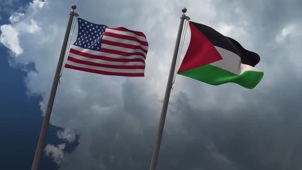 Waving Flags Of The United States And The Palestine 4K