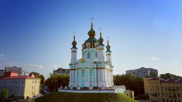 Aerial Drone Video Famous St. Andrews Church and Panorama of Kyiv, Ukraine