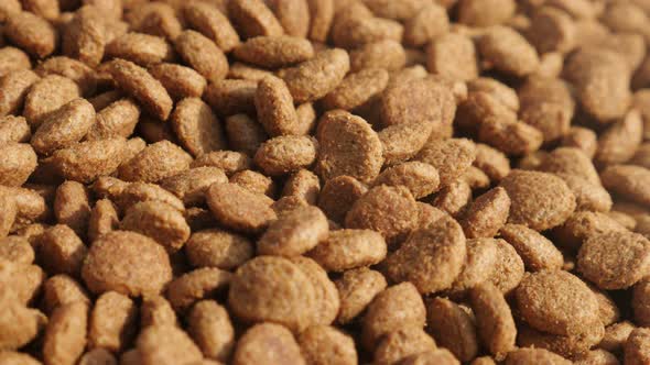 Close-up of dry  pet pellets on pile 4K 2160p 30fps UltraHD panning footage - Heap of cat or dog foo