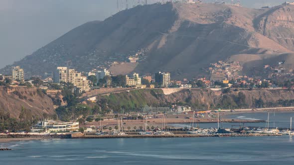 Aerial View of Lima's Coastline with Mountain in Background Timelapse Lima Peru