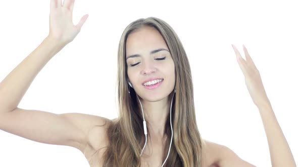 Young Female  listening Music with Headphones, Dancing