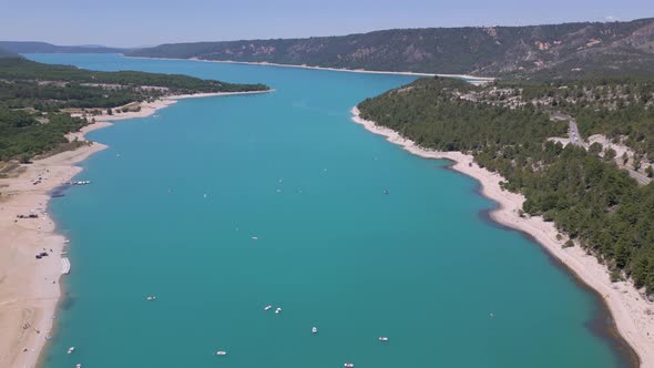 Drone over man-made Lake of Sainte-Croix near Verdon Gorge in France, Europe