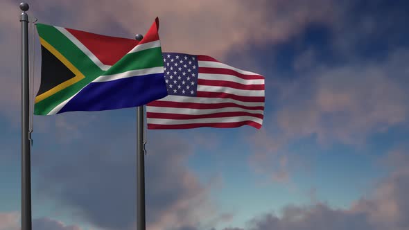 South Africa Flag Waving Along With The National Flag Of The USA - 4K